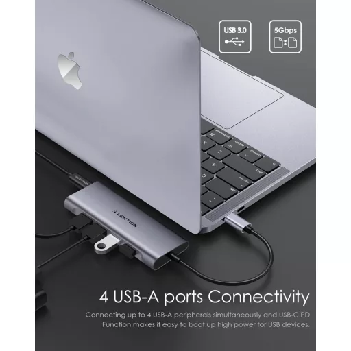 Lention USB-C Multiport Adapter s 4K HDMI výstupom, 4 USB 3.0 portami, dokovacia stanica kompatibilná s MacBook Pro/Air, Dell XPS, 100W nabíjanie - Vesmírna sivá