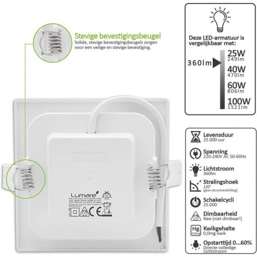 LED Beépíthető Spotlámpa 6W, 360lm, Extra Sekély, Négyszögletes Fehér Keret, IP44 Védettségű, Meleg Fehér 3000K Újracsomagolt termék
