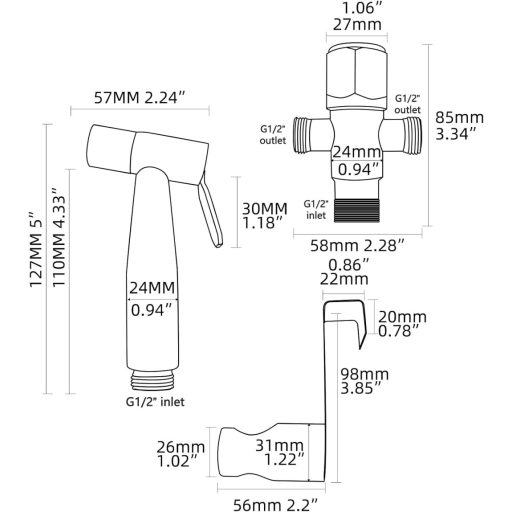 Tecmolog rozsdamentes acél hordozható bidé csap WC-hez állvánnyal és 1.2m csővel