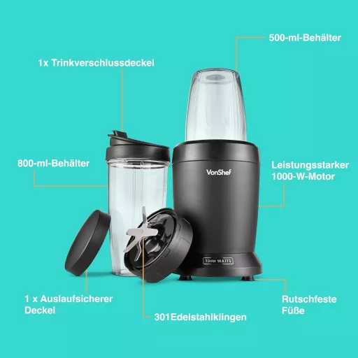 VonShef Osobný Mixér 1000W - Multifunkčný Smoothie Maker na Ovocie, Zeleninu, Drvenie Ľadu - 800ml a 500ml Prenosné Poháre