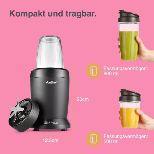 VonShef Személyi Turmixgép 1000W - Multifunkciós Smoothie Készítő Gyümölcsökhöz, Zöldségekhez, Jégzúzásra - 800ml és 500ml Hordozható Pohara