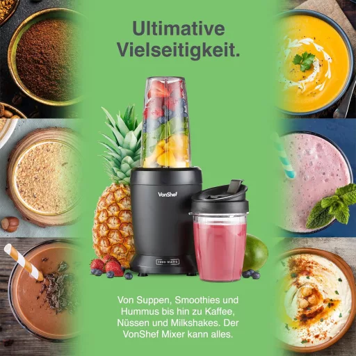 VonShef Osobný Mixér 1000W - Multifunkčný Smoothie Maker na Ovocie, Zeleninu, Drvenie Ľadu - 800ml a 500ml Prenosné Poháre