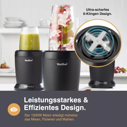 VonShef Osobný Mixér 1000W - Multifunkčný Smoothie Maker na Ovocie, Zeleninu, Drvenie Ľadu - 800ml a 500ml Prenosné Poháre