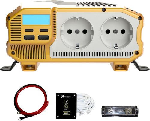 Convertor de tensiune Krieger 1100W - Invertor 12V-230V pentru mașină, camping, cu ecran LCD, 2 porturi USB și priză EU