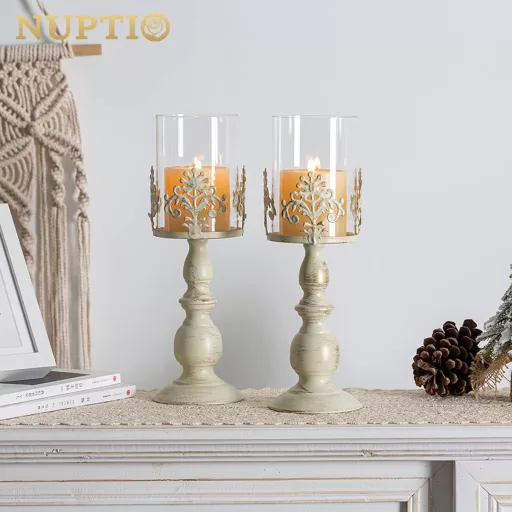 Sfeșnic Vintage Nuptio cu Abajur de Sticlă - Decorațiune Antică de Masă pentru Nuntă, Evenimente - Set Sfeșnice Crem de 33 cm Înălțime