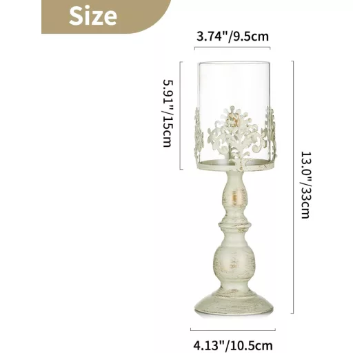 Sfeșnic Vintage Nuptio cu Abajur de Sticlă - Decorațiune Antică de Masă pentru Nuntă, Evenimente - Set Sfeșnice Crem de 33 cm Înălțime