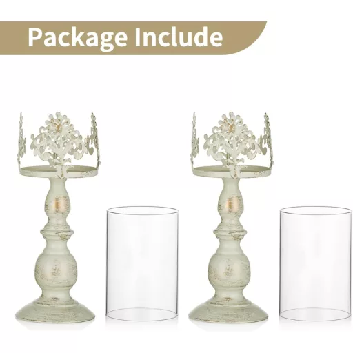 Nuptio Vintage Gyertyatartó Üvegbúrával - Antik Fém Asztali Dekoráció Esküvőre, Rendezvényekre - 33 cm Magas Krém Színű Gyertyatartó Szett (