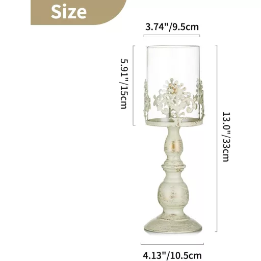 Nuptio Vintage Gyertyatartó Üvegbúrával - Antik Fém Asztali Dekoráció Esküvőre, Rendezvényekre - 33 cm Magas Krém Színű Gyertyatartó Szett (