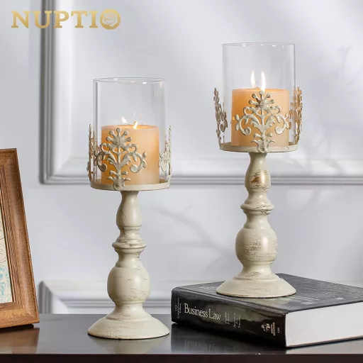 Sfeșnic Vintage Nuptio cu Abajur de Sticlă - Decorațiune Antică de Masă pentru Nuntă, Evenimente - Set Sfeșnice Crem de 33 cm Înălțime