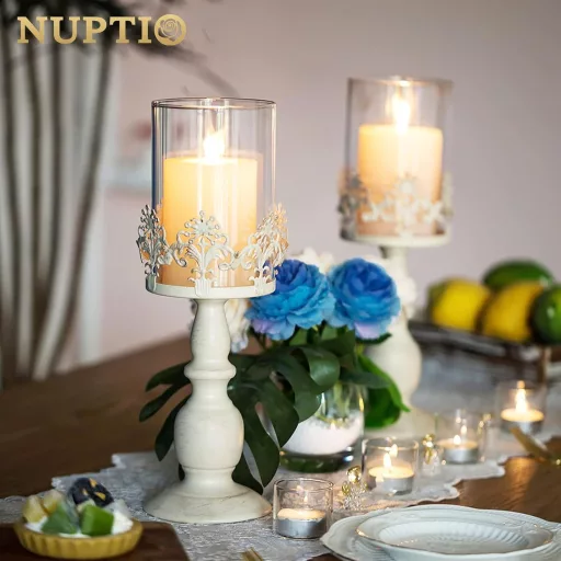 Sfeșnic Vintage Nuptio cu Abajur de Sticlă - Decorațiune Antică de Masă pentru Nuntă, Evenimente - Set Sfeșnice Crem de 33 cm Înălțime