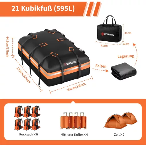Skladací strešný box Wisamic 595L - Vodotesná strešná taška 1000D Oxford pre autá, dodávky, SUV, so zapínaním na zips, protišmyková