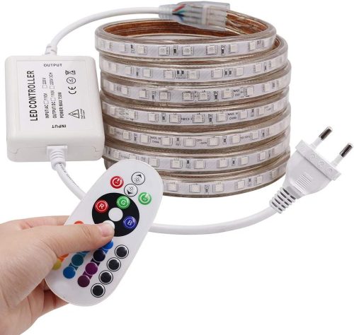 Bandă LED RGB XUNATA, 2m, IP65 Rezistentă la apă, 230V, 60 LED/m, cu telecomandă cu 24 de butoane - Decorare interioară/exterioară pentru Crăciun, petreceri