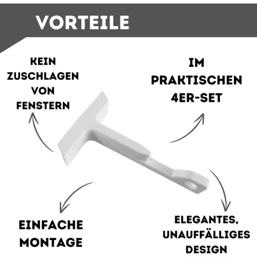 Quality-Collection Súprava zámkov pre výklopné okná, 4 ks bieleho plastového aretátora okien, Bezpečné vetranie, Jednoduchá inštalácia, Ochrana proti zabuchnutiu