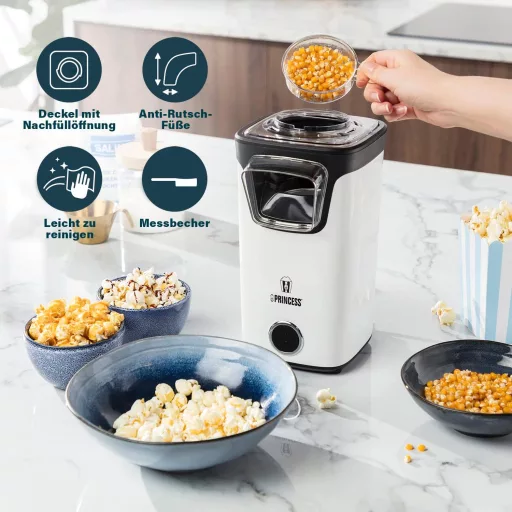 Princess Forró Levegős Popcorn Készülék - 3 Perc alatt Friss Popcorn, Zsírszegény Snack 1100W