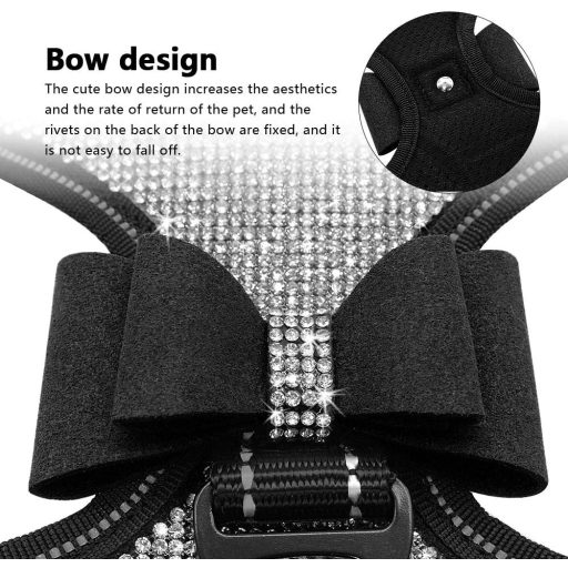 Beirui Strasszos Kutyahám Fekete Színben - Mellény Típusú, Fényvisszaverő, Csokornyakkendővel, Kis és Közepes Kutyáknak