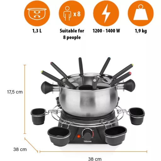 Tristar FO-1109 elektromos fondue készlet 8 személyre, 1,3L, rozsdamentes acél