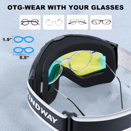 Ochelari de schi și snowboard Findway pentru purtătorii de ochelari - OTG, protecție UV, compatibili cu cască, anti-ceață, lentile oglindă, ochelari de schi unisex pentru adulți