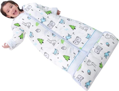 Chilsuessy 2.5 Tog Sac de dormit de iarnă pentru copii cu mâneci detașabile, sac de dormit din bumbac pentru bebeluși, pentru băieți și fete de 1-10 ani, cu model albastru cu pădure