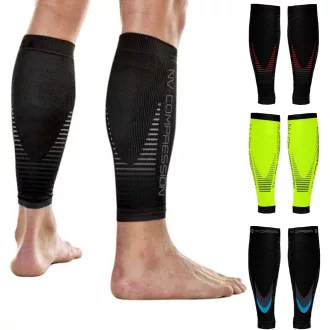   Manșon compresiv pentru gambă NV Compression pentru alergare, ciclism, sport - L-XL (14-19" / 36-48cm), Galben Fluo/Dungi Negre