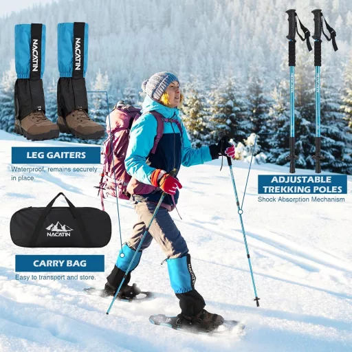 NACATIN 4 az 1-ben 30"(76cm) hótalpak szett férfiaknak, nőknek és tizenéveseknek, könnyű alumínium, állítható sízokni és vízálló lábszárvédő