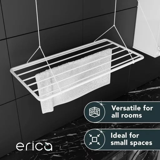 Erica Mennyezeti Ruhaszárító 100x50 cm, 8 Méter Szárítófelülettel, Összecsukható, PVC-mentes Bevonatú Fém Vázas Függő Szárító, Fehér