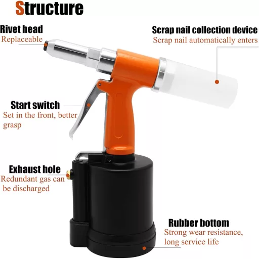 Pistol pneumatic de nituit NEWTRY W560 - Hidraulic cu forță dublă, cu 4 capete pentru nituri din aluminiu/fier/oțel inoxidabil, industrial