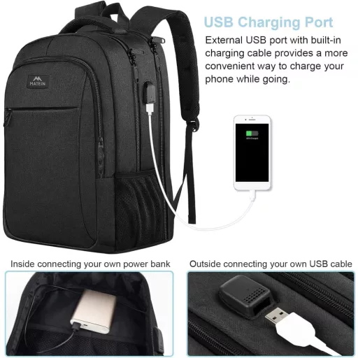 MATEIN Veľkokapacitný Ruksak na Notebook 17,3" - S USB Nabíjacím Portom, Proti Krádeži, Vodoodolný Business Cestovný Batoh pre Študentov a do Práce, Čierny
