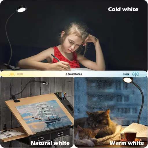 EYOCEAN Lampă de citit LED cu clips, lampă de birou 3 Culori 9 Niveluri de Luminozitate cu Cablu USB