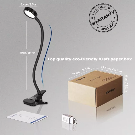 EYOCEAN Lampă de citit LED cu clips, lampă de birou 3 Culori 9 Niveluri de Luminozitate cu Cablu USB