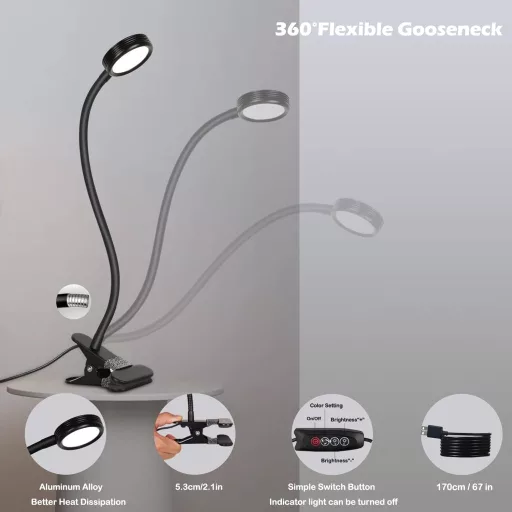 EYOCEAN Lampă de citit LED cu clips, lampă de birou 3 Culori 9 Niveluri de Luminozitate cu Cablu USB
