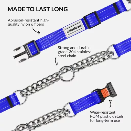 Zgardă Martingale CollarDirect pentru câini, cu lanț din oțel inoxidabil, albastră, medie