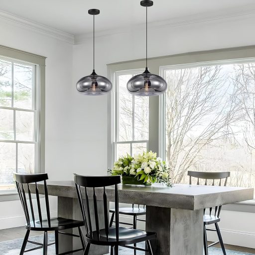 Lustră suspendată industrială vintage de tavan HJXDtech Loft cu sticlă gri fumurie.