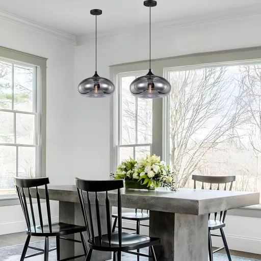 Lustră suspendată industrială vintage de tavan HJXDtech Loft cu sticlă gri fumurie.