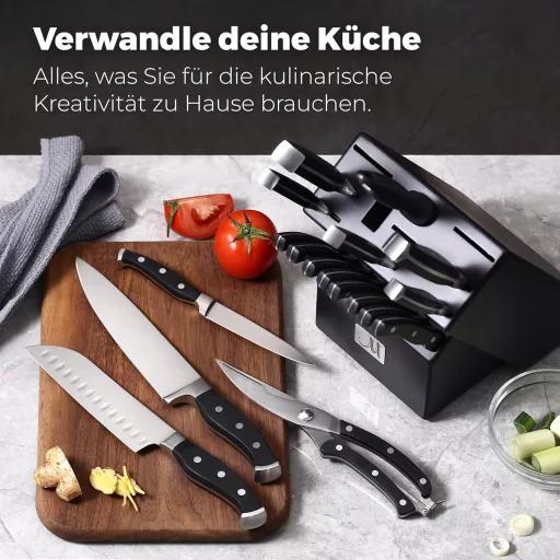 Set de cuțite de bucătărie Master Maison, 19 piese, din oțel inoxidabil german, cu suport din lemn și ascuțitor de cuțite