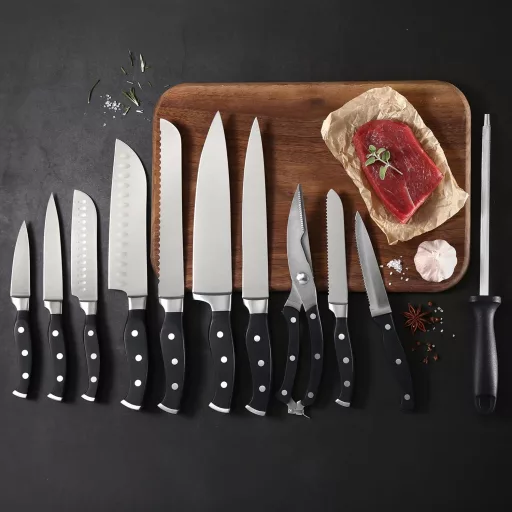 Set de cuțite de bucătărie Master Maison, 19 piese, din oțel inoxidabil german, cu suport din lemn și ascuțitor de cuțite