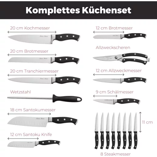 Set de cuțite de bucătărie Master Maison, 19 piese, din oțel inoxidabil german, cu suport din lemn și ascuțitor de cuțite