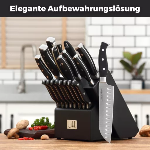 Master Maison 19 részes konyhai kés szett német rozsdamentes acélból, fa talppal és kés élezővel