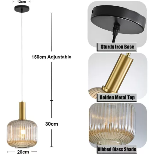 HJXDtech Vintage priemyselné závesné svietidlo s lešteným mosadzným držiakom a skleneným tienidlom