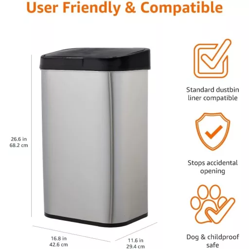 Coș de gunoi cu senzor Amazon Basics, 60L, oțel inoxidabil, negru-argintiu - 60 litri, rectangular