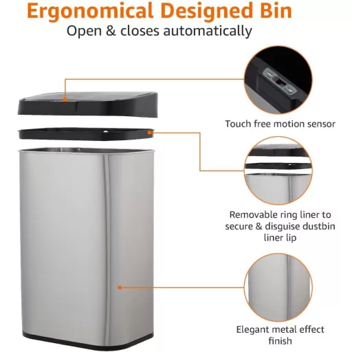 Coș de gunoi cu senzor Amazon Basics, 60L, oțel inoxidabil, negru-argintiu - 60 litri, rectangular