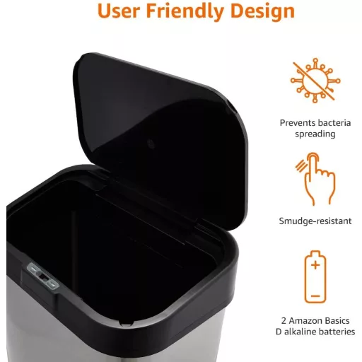 Amazon Basics 60L rozsdamentes acél szenzoros szemetes, fekete-ezüst - 60-Liter, Rectangular
