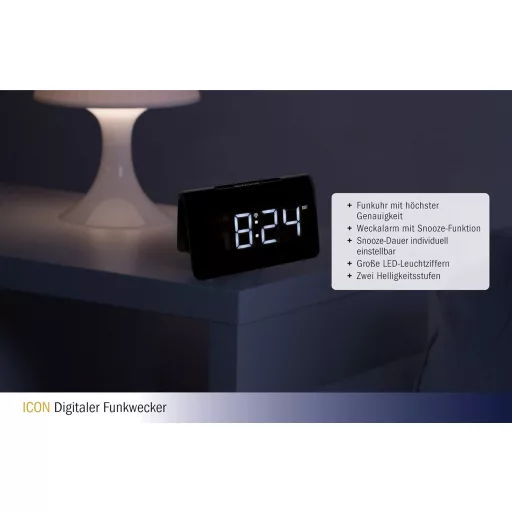 Ceas deșteptător digital radiocomandat TFA Dostmann ICON 60.2543, negru - cifre albe