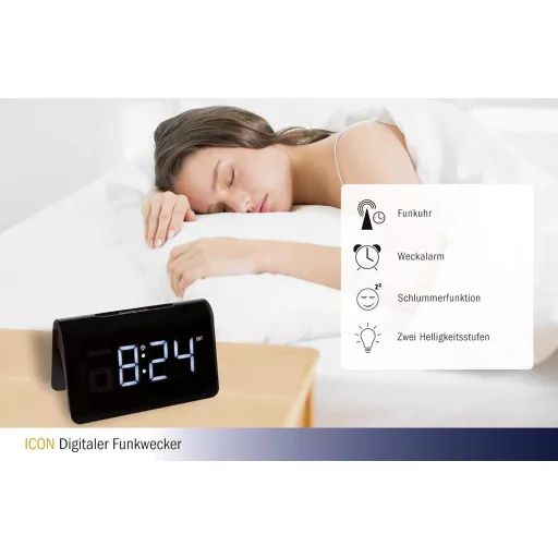 Ceas deșteptător digital radiocomandat TFA Dostmann ICON 60.2543, negru - cifre albe