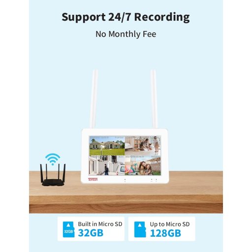 Tonton 4 csatornás megfigyelő rendszer 7" érintőképernyővel, 2x3MP kamera, éjszakai látás, mozgásérzékelés