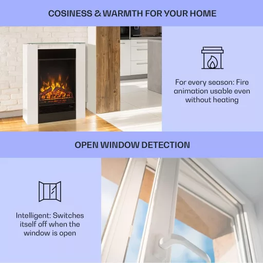 Șemineu electric KLARSTEIN Studio 5, 1800W, cu ventilator de încălzire, efect de flacără, programator săptămânal, alb