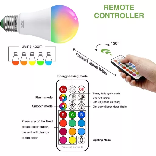 VARICART E27 RGB LED Izzó, 10W, Színváltós, Távirányítós, 12 Szín + Hideg Fehér 6000K, Memória Funkcióval, 100W Ekvivalens, 2 db Csomag