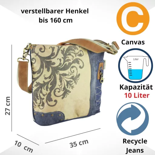 Sunsa Női Válltáska Újrahasznosított Farmer és Bőr Anyagból, Mandala Mintás Bézs/Kék Vintage Táska, Állítható Pánttal, 35x27x10cm