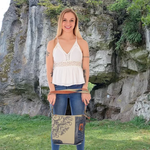 Geantă de umăr pentru femei Sunsa, din denim reciclat și piele, geantă vintage bej/albastru cu model mandala, cu curea ajustabilă, 35x27x10cm