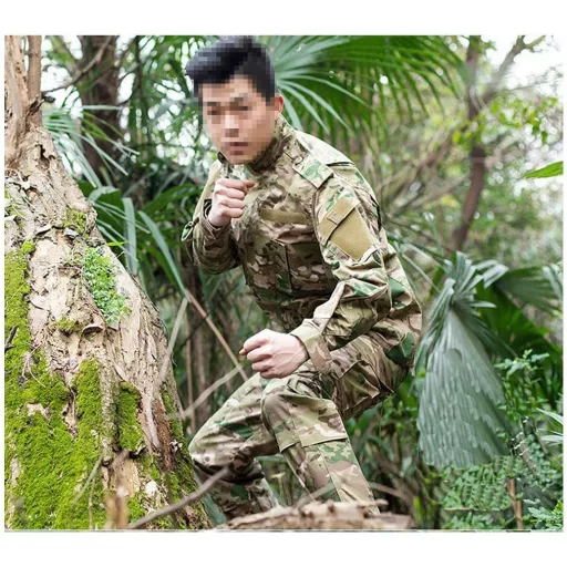 QHIU Taktikai Egyenruha Szett Férfiaknak - Kabát Nadrág Övvel és Kalappal Katonai BDU Terepszínű Airsoft Paintball Outdoor Sportokhoz