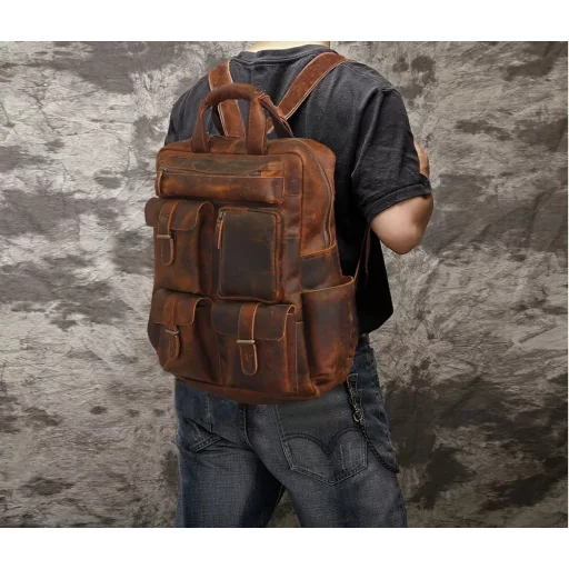 Rucsac Jaald 55cm din piele naturală, impermeabil, pentru călătorii, drumeții, școală și laptop.